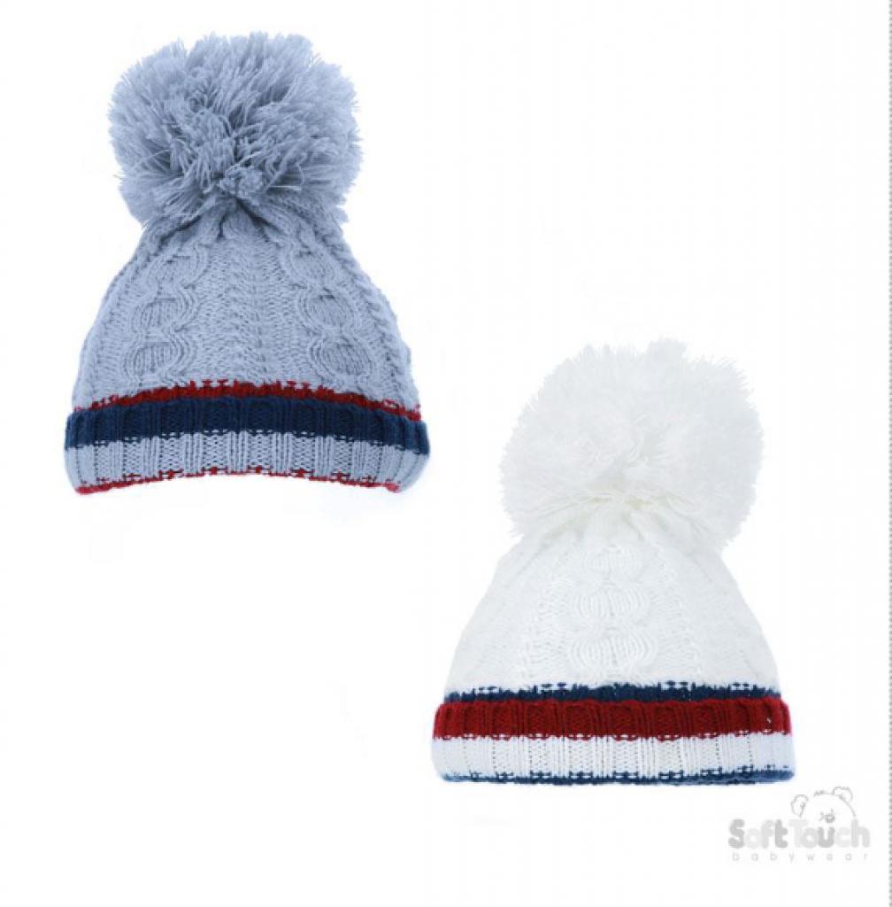 Soft Touch  5023797304880 STH504-SM Ribbed and Cable Pom Pom Hat (NB-12 months)