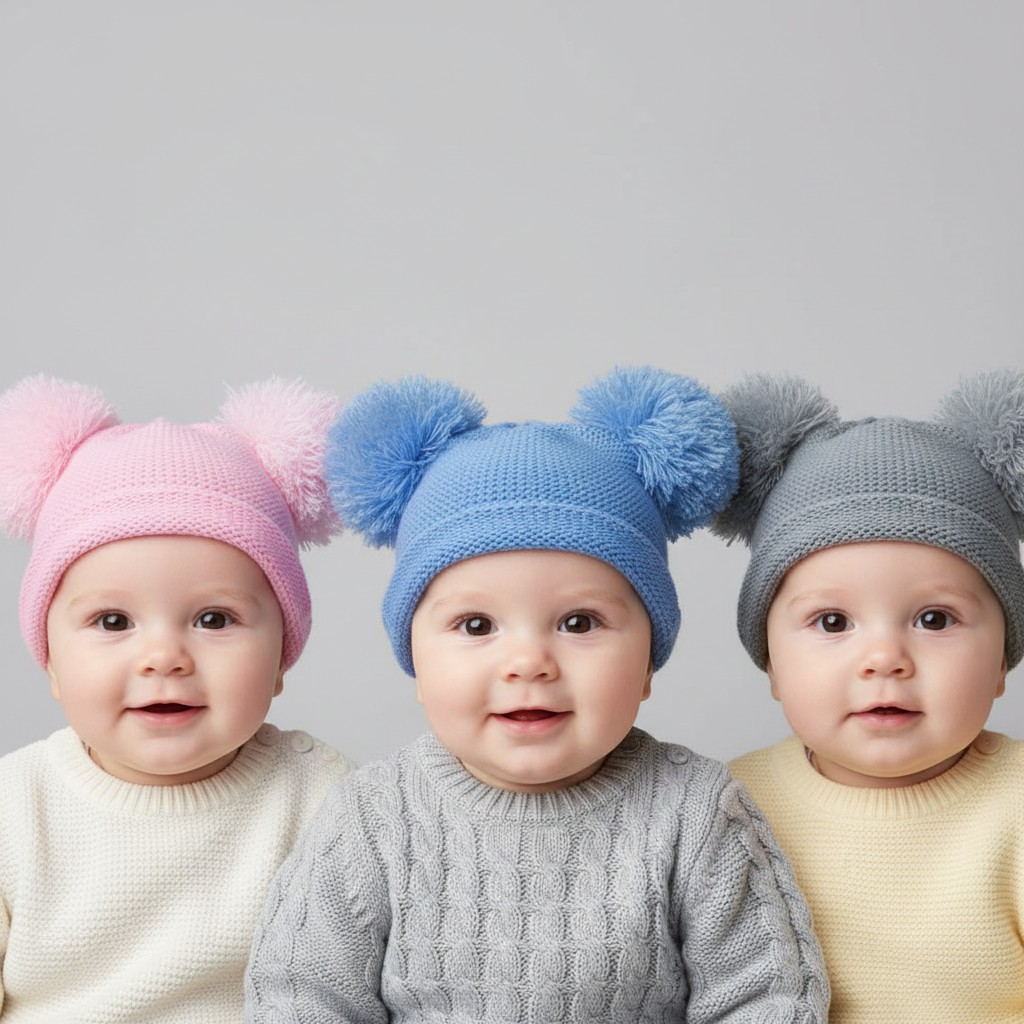 Soft Touch  5023797306129 STH510-SM Double pom pom  hat (NB-12 months)