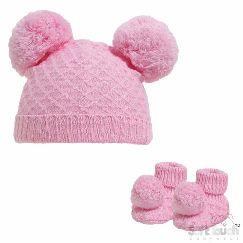 Soft Touch   STH610-BP-SM  Pink Pom Pom Hat and Bootee Set (Nb-12 months)