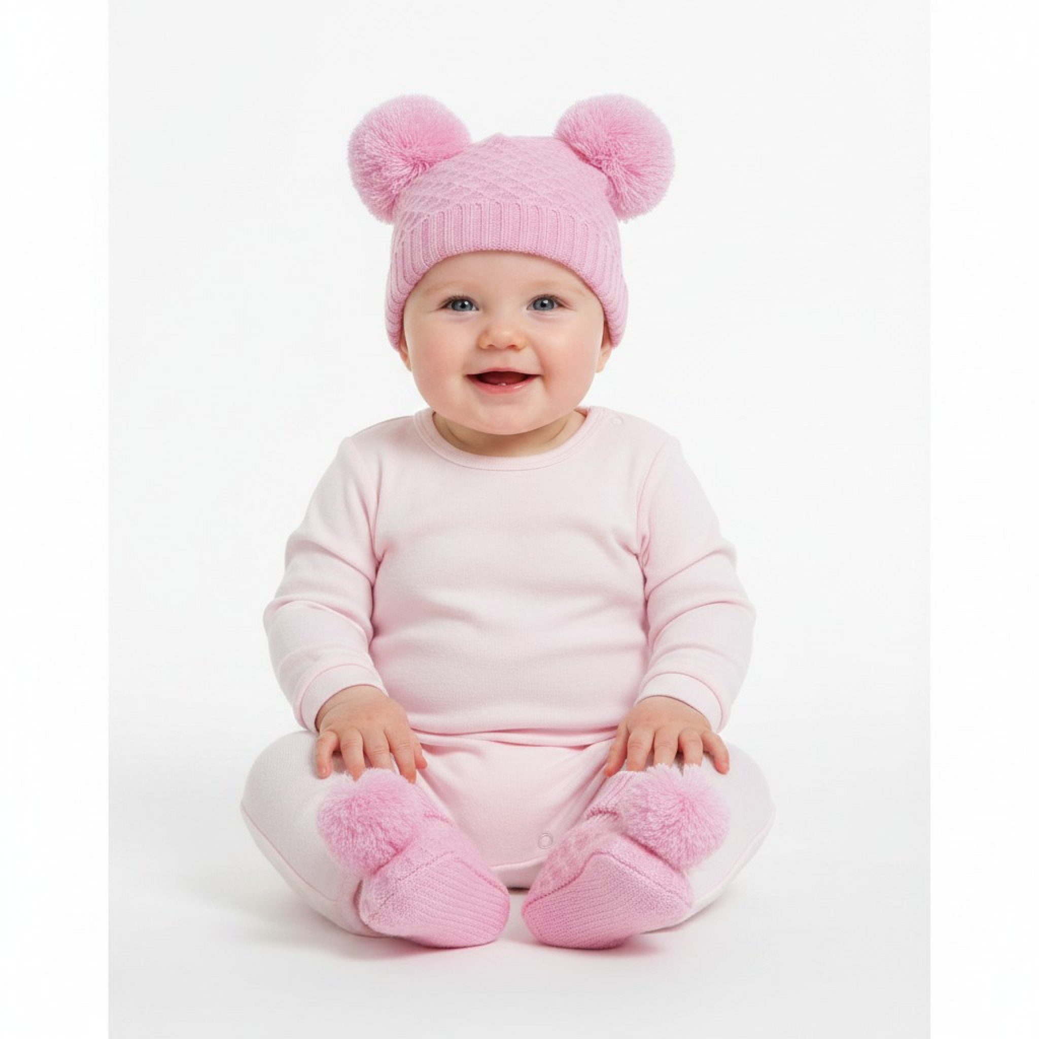 Soft Touch   STH610-BPSM  Pink Pom Pom Hat and Bootee Set (Nb-12 months)