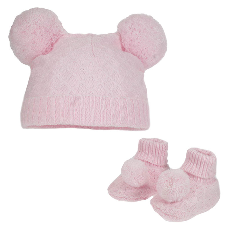 Soft Touch  5023797305825 STH610-P-SM Pom Pom Hat and Bootee Set (Nb-12 months)
