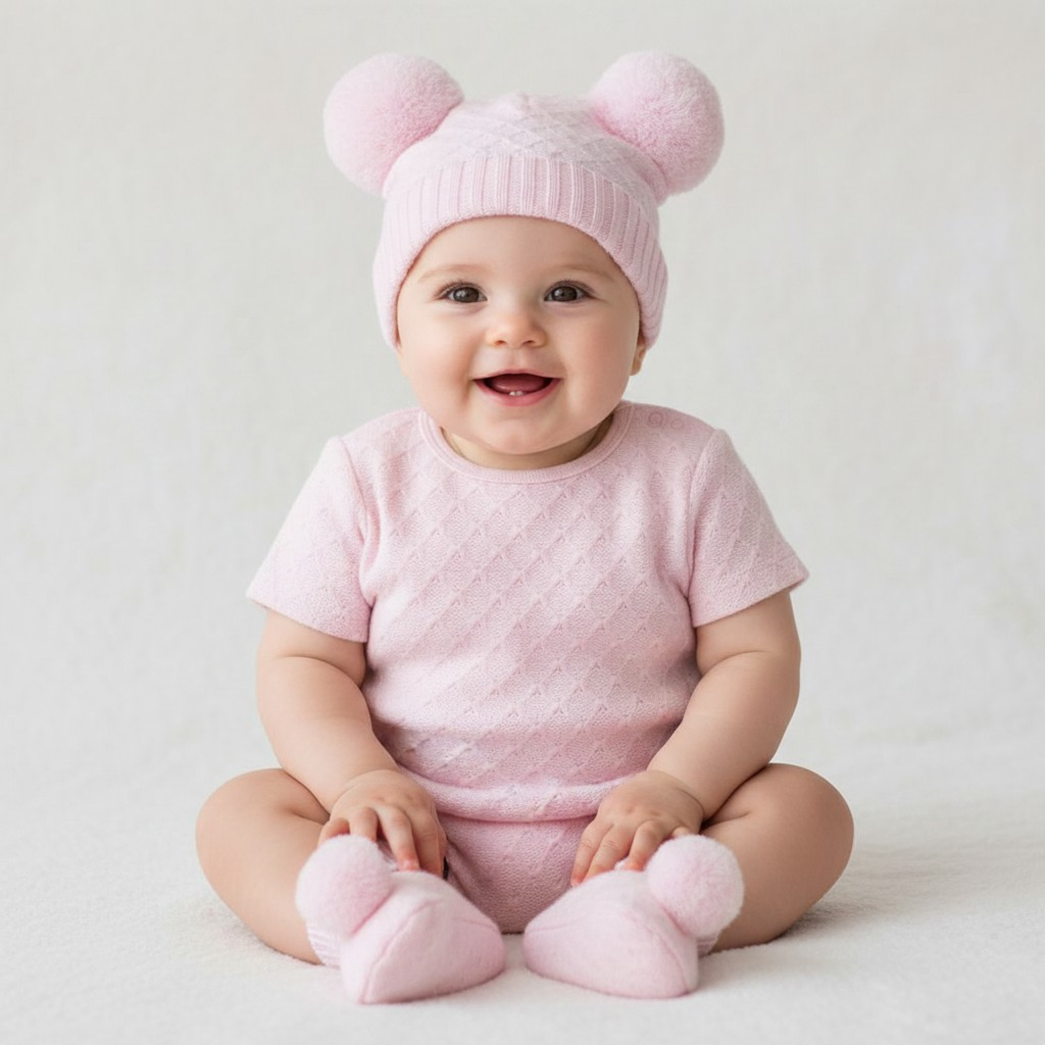 Soft Touch  5023797305825 STH610-PSM Pom Pom Hat and Bootee Set (Nb-12 months)
