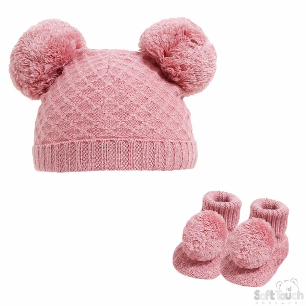 Soft Touch  5023797308772 STH610-RO-SM Pom Pom Hat and Bootee Set (Nb-6 months)