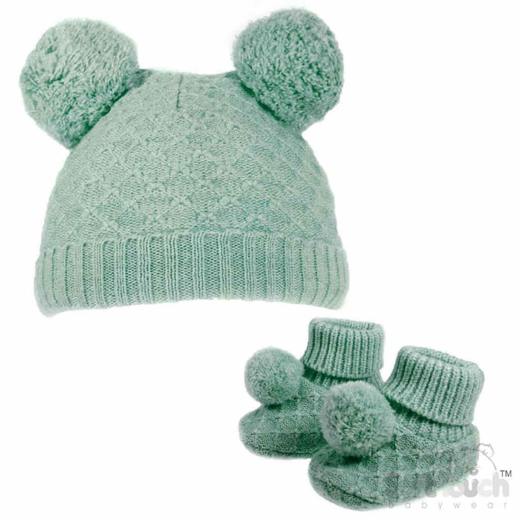 Soft Touch   STH610-SG Sage Green Pom Pom Hat & Bootee Set (Nb-12 months)