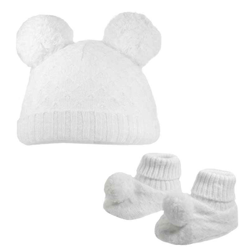 Soft Touch 4H610-W-SM 5023797305812 STH610-W-SM Pom Pom Hat and Bootee Set (Nb-6 months)