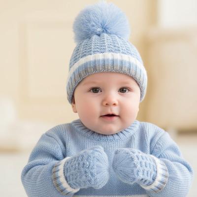 STH648-B-S  Pom Pom Hat and Mitts  (Newborn - 12 months)
