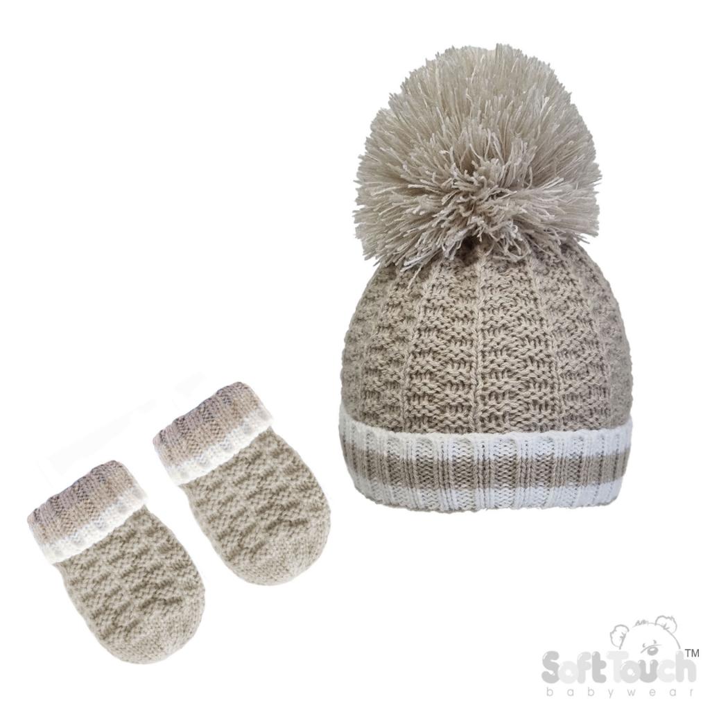 Soft Touch 4H648-Bi-SM 5023797315305 STH648-Bi-SM Pom Pom Hat and Mitts (Newborn - 12 months)