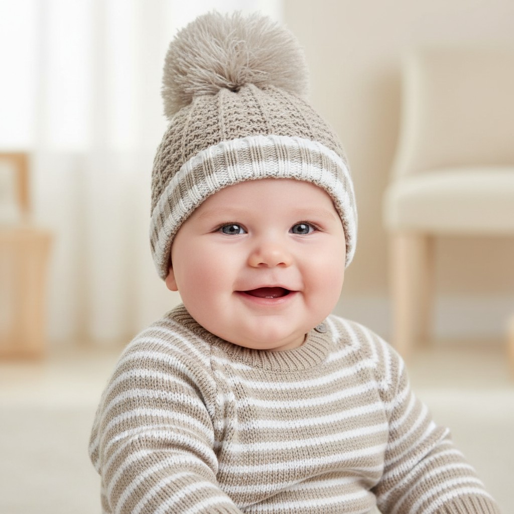 Soft Touch 4H648-BI-BP * STH648-Bi-BP Biscuit Pom Pom Hat  (Newborn - 12 months)