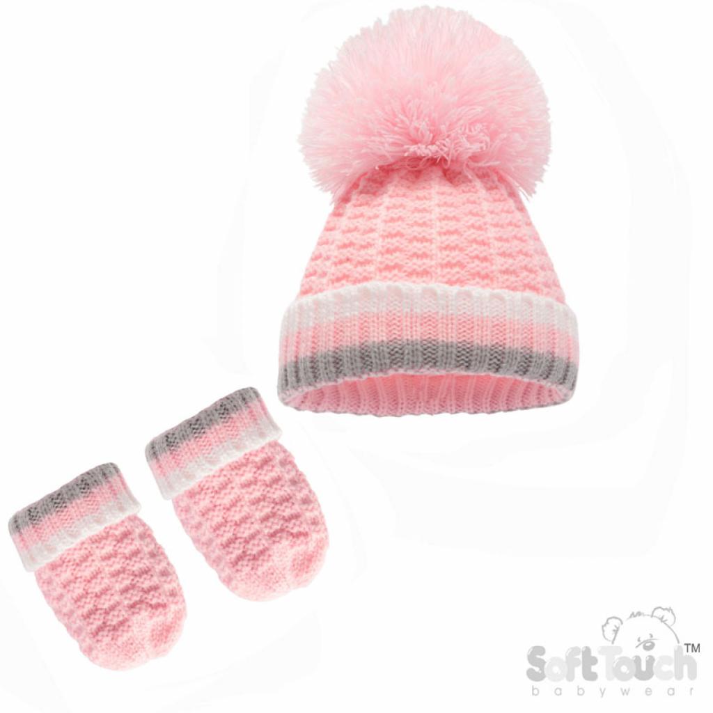 Soft Touch 4H648-B-SM 5023797311093 STH648-P-SM Pom pom hat and mitts (Newborn - 12 months)