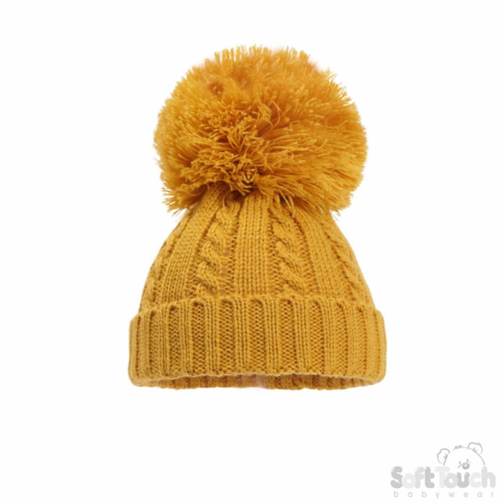 Soft Touch 4H650-M-SM 5023797310461 STH650-M-Sm Mustard Yellow Elegance Cable Knit Pom Hat (NB-12)