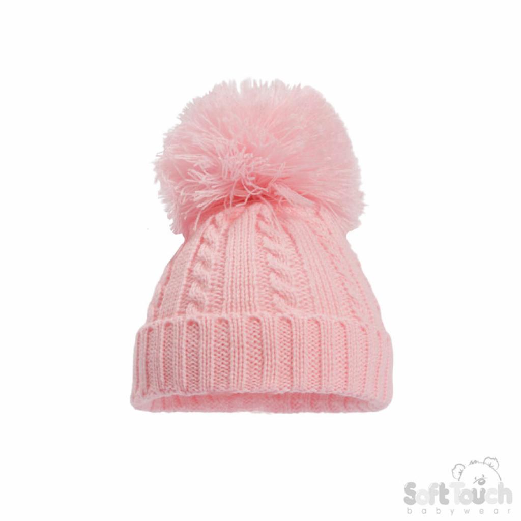 Soft Touch 4H650-P-SM 5023797310409 STH650-P-Sm Pink Elegance Cable Knit Pom Pom Hat (NB-12)