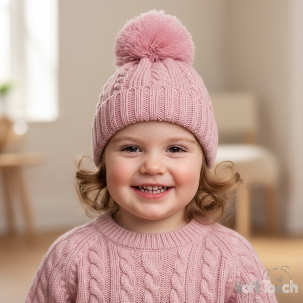 Soft Touch 4H652-DP-SM 5023797310546 STH652-DP-M Dusky Pink Elegance Cable Knit Pom Pom Hat (12-24m