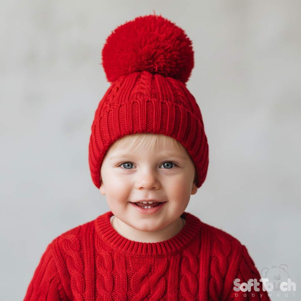 Soft Touch 4H652-R-SM 5023797310584 STH652-R-Med Red Elegance Cable Knit Pom Pom Hat (12-24m)