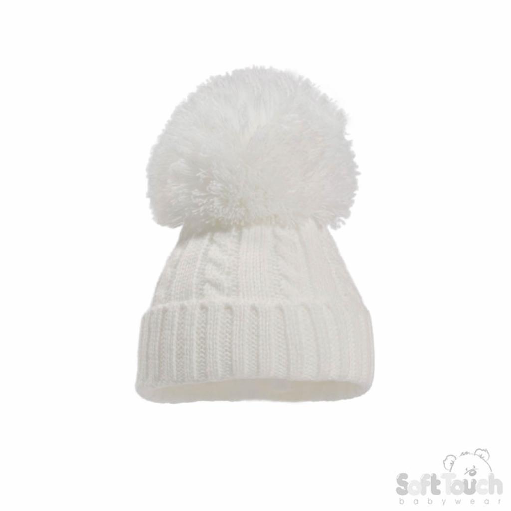 Soft Touch 4H652-W-SM 5023797310478 STH652-W-Med White Elegance Cable Knit Pom Pom Hat (12-24m)