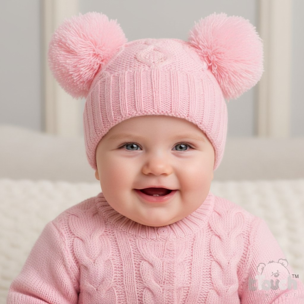 Soft Touch * STH660-BP Deluxe Pink Chain Knit Pom Pom Hat (NB - 12m)