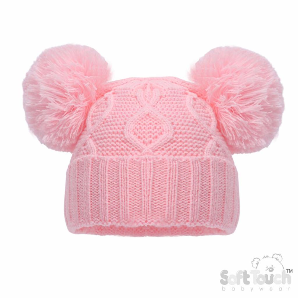 Soft Touch  * STH660-BP Deluxe Pink Chain Knit Pom Pom Hat (NB - 12m)