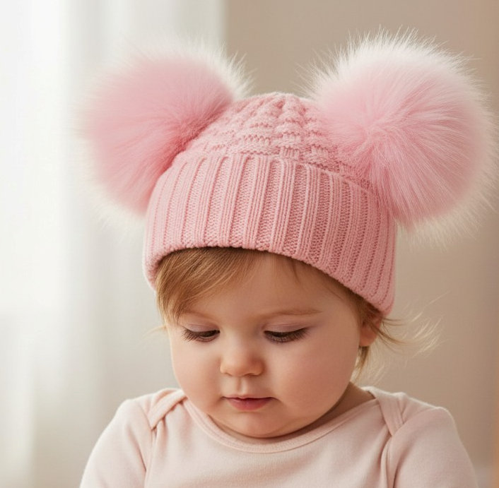 Soft Touch  * STH670-BP Pink Deluxe Check Knit Pom Pom Hat (NB-12m)