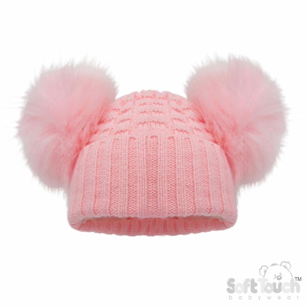 Soft Touch   STH670-BP Pink Deluxe Check Knit Pom Pom Hat (NB-12m)