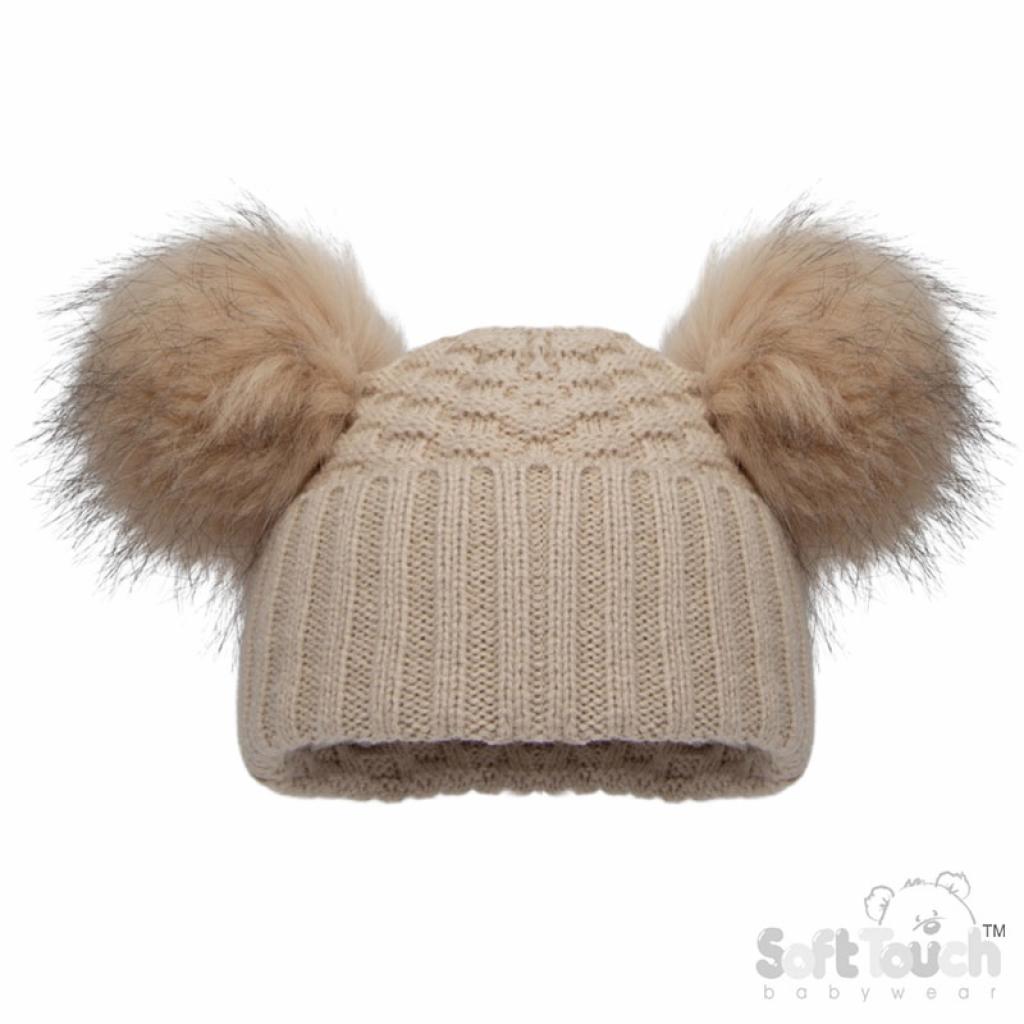 Soft Touch   STH670-Bi Biscuit Deluxe Check Knit Pom Pom Hat (NB-12m)