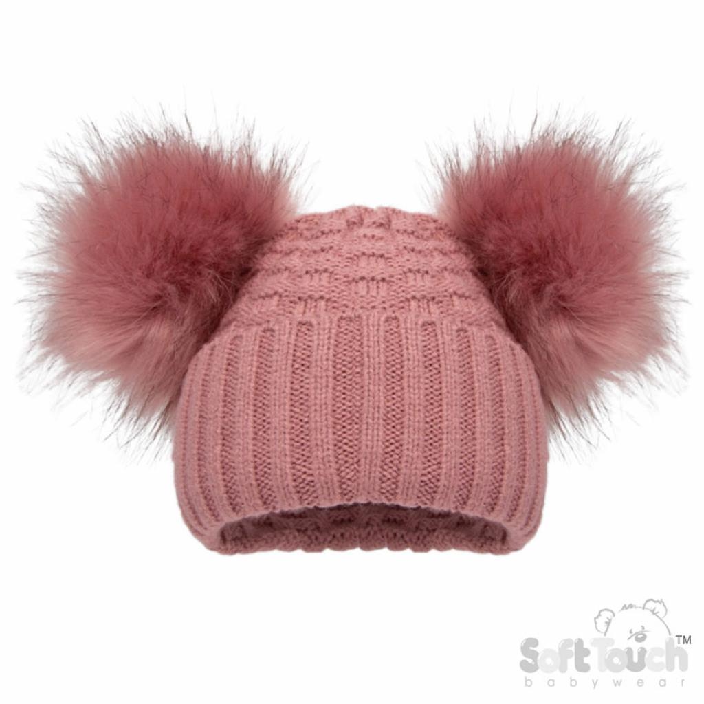 Soft Touch   STH670-DR Rose Deluxe Check Knit Pom Pom Hat (NB-12m)
