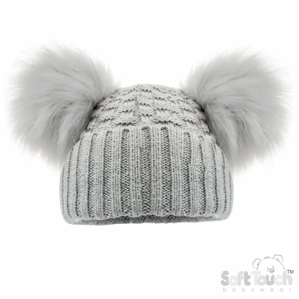 Soft Touch   STH670-G Grey Deluxe Check Knit Pom Pom Hat (NB-12m)