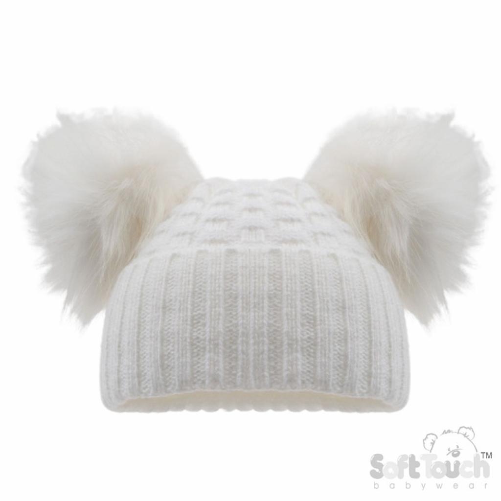 Soft Touch H670-W 5023797312151 STH670-W White Deluxe Check Knit Pom Pom Hat (NB-12m)