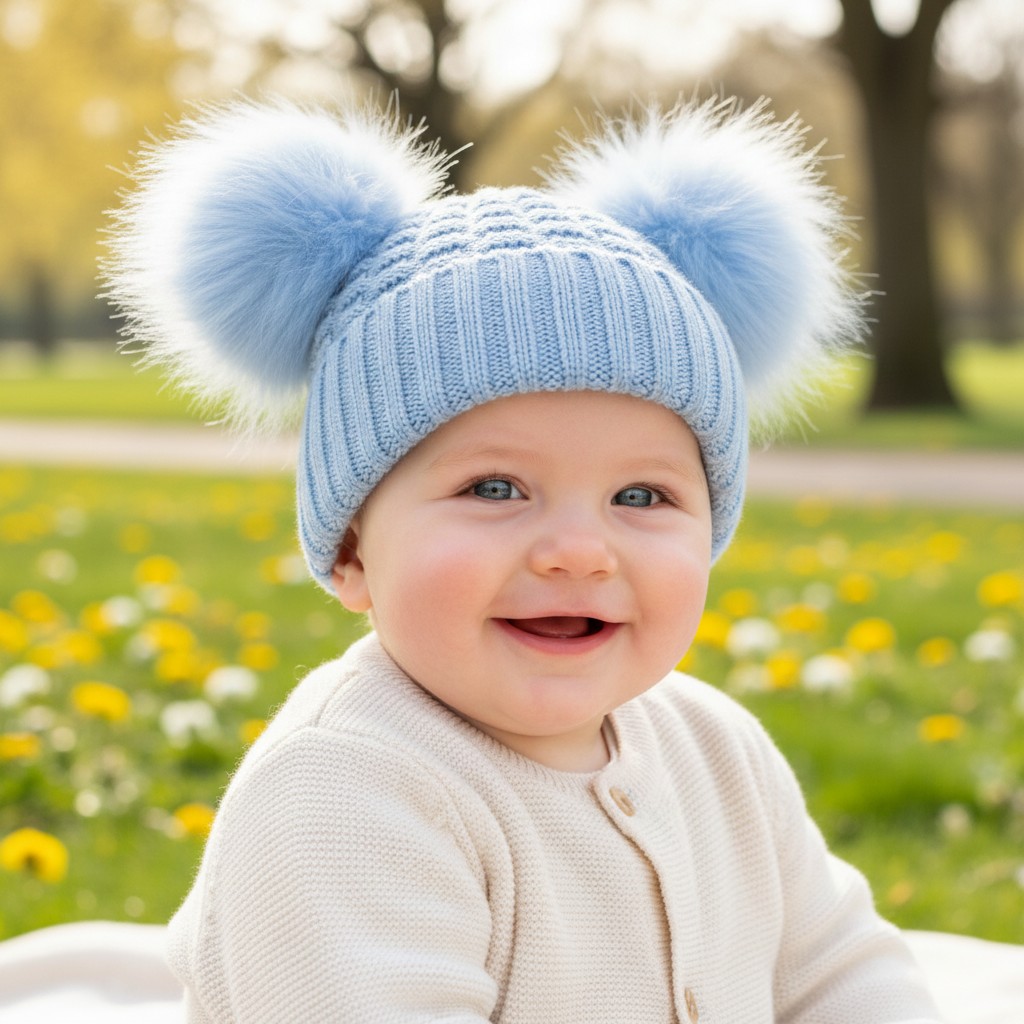 Soft Touch  5023797312175 STH670-BB Blue Deluxe Check Knit Pom Pom Hat (NB-12m)