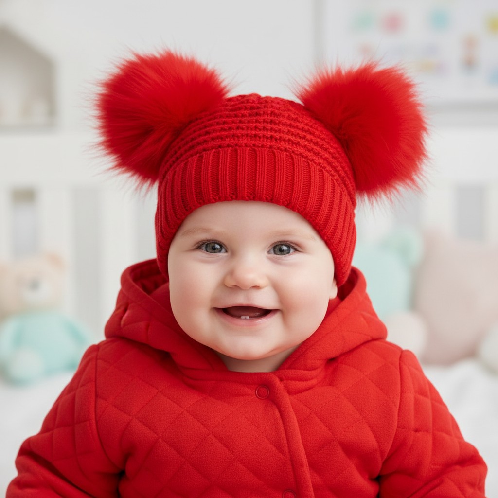 Soft Touch 5023797318917 STH670-R Red Deluxe Check Knit Pom Pom Hat (NB-12m)