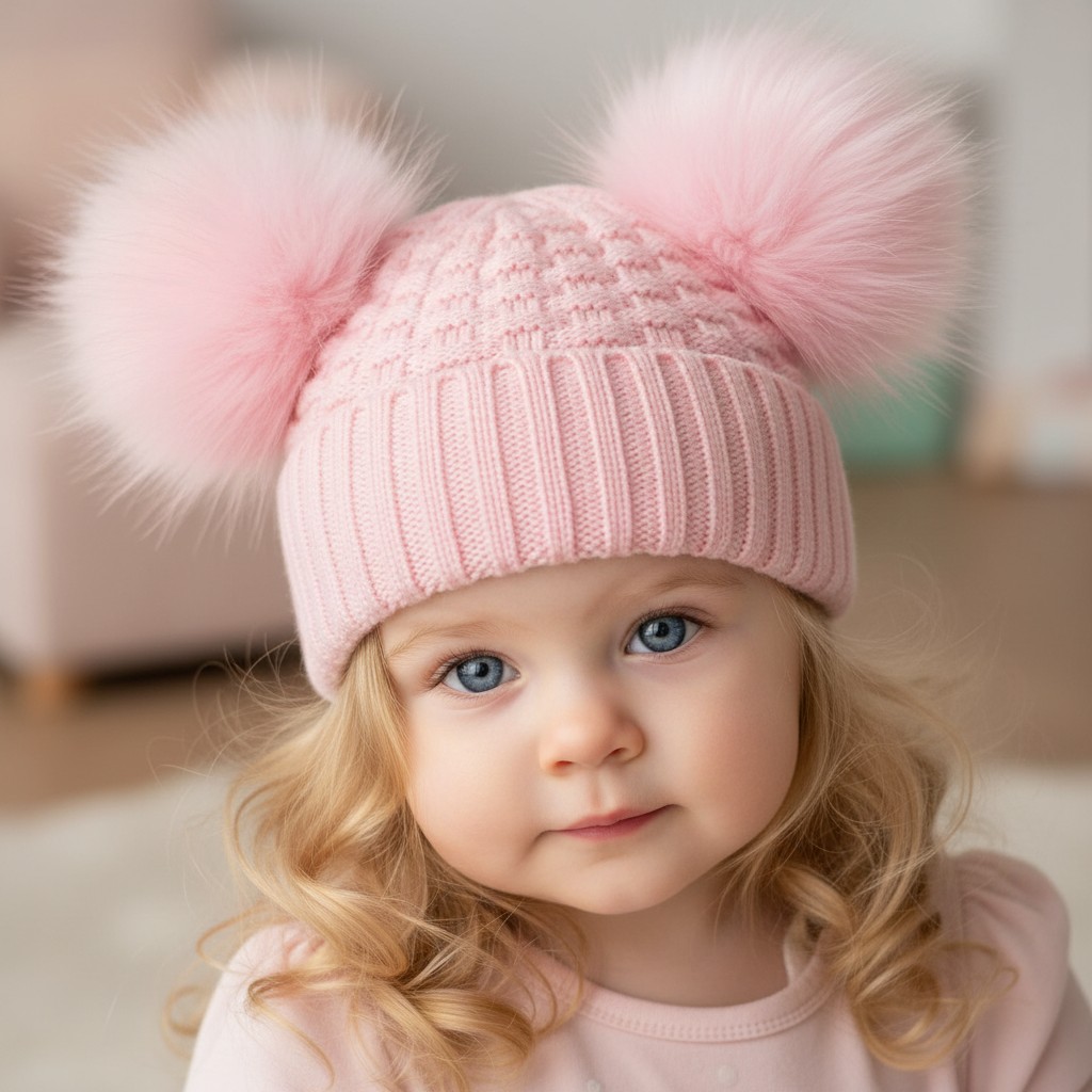 Soft Touch   STH672-P Pink Deluxe Check Knit Pom Poms Hat (12-24m)