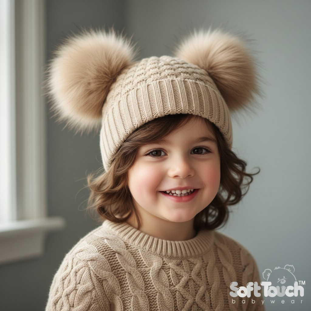 Soft Touch   STH672Bi Biscuit Deluxe Check Knit Pom Pom Hat (12-24m)