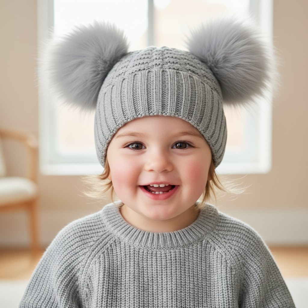 Soft Touch   STH672G Grey Deluxe Check Knit Pom Pom Hat (12-24m)