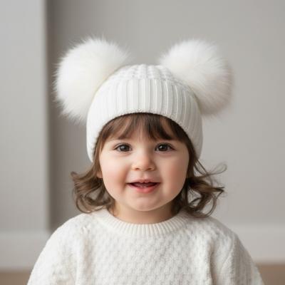STH672W  White Deluxe Check Knit Pom Pom Hat  (12-24m)