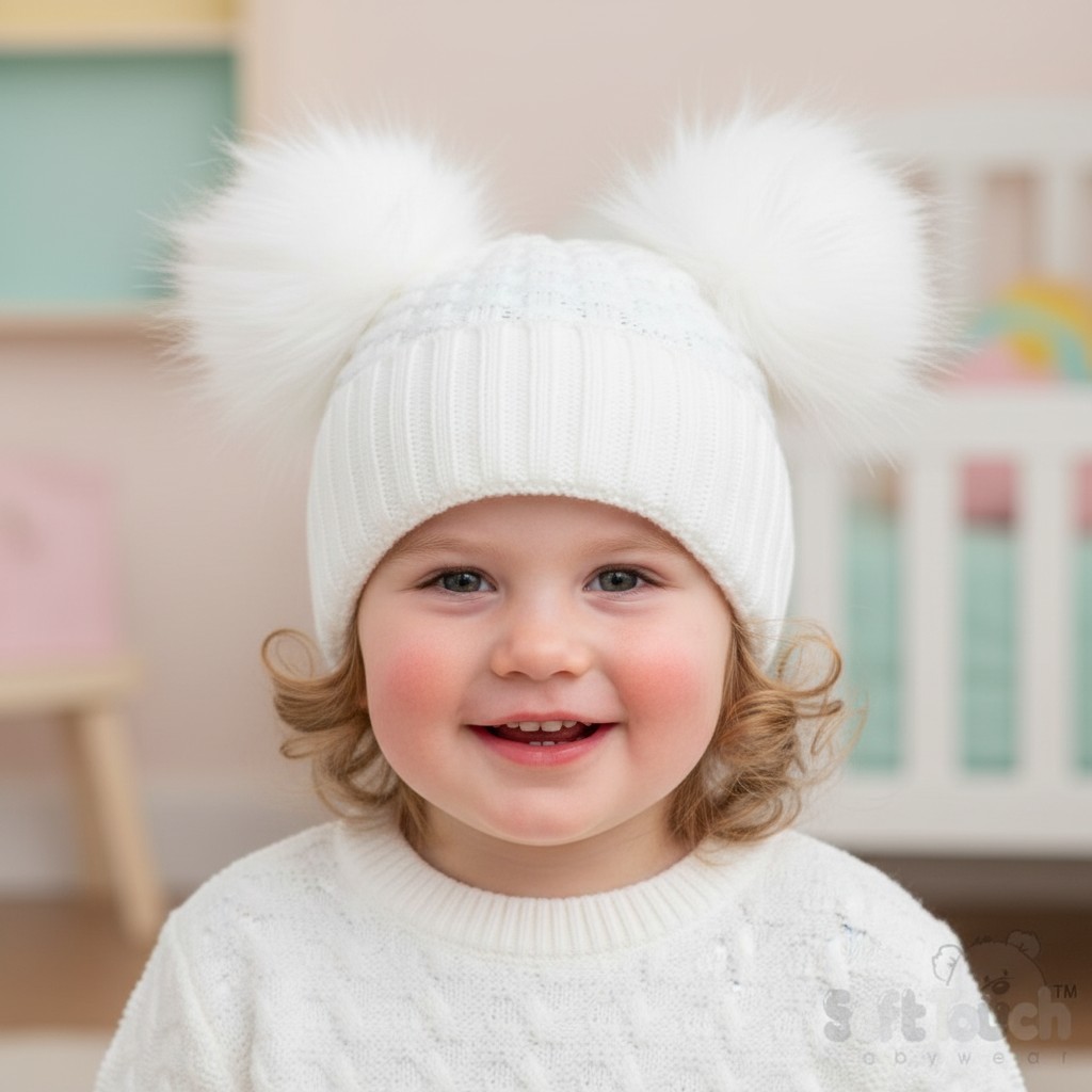 Soft Touch STH674W White Deluxe Check Knit Pom Pom Hat (2-5 Years)
