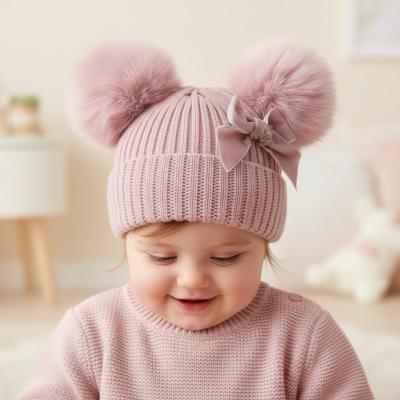 STH678-DP  Dusky Velvet Ribbon Pom Pom Hat  (Nb-12 months)