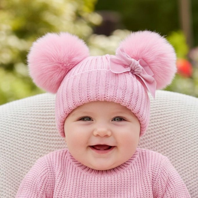 Soft Touch  5023797312373 STH678-P pink Velvet Ribbon Pom Pom Hat (Nb-12 months)