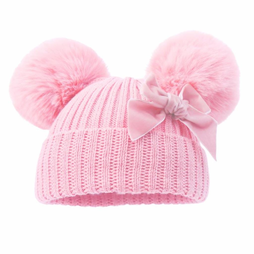 Soft Touch  5023797312373 STH678-Pink Velvet ribbon Pom Pom Hat (Nb-12 months)