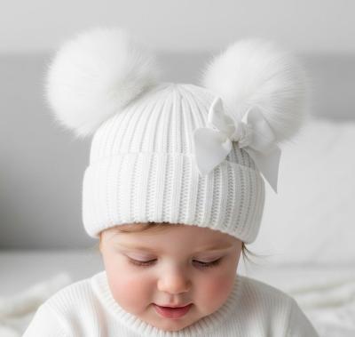 STH678-W  White Velvet Ribbon Pom Pom Hat  (Nb-12 months)