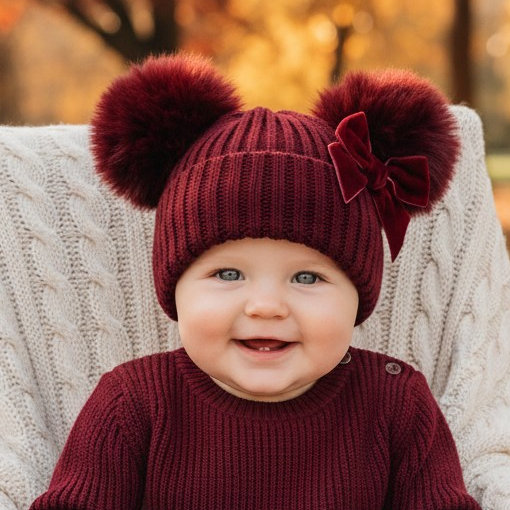 Soft Touch  5023797312342 STH678-Bu Burgundy Velvet ribbon Pom Pom Hat (Nb-12 months)