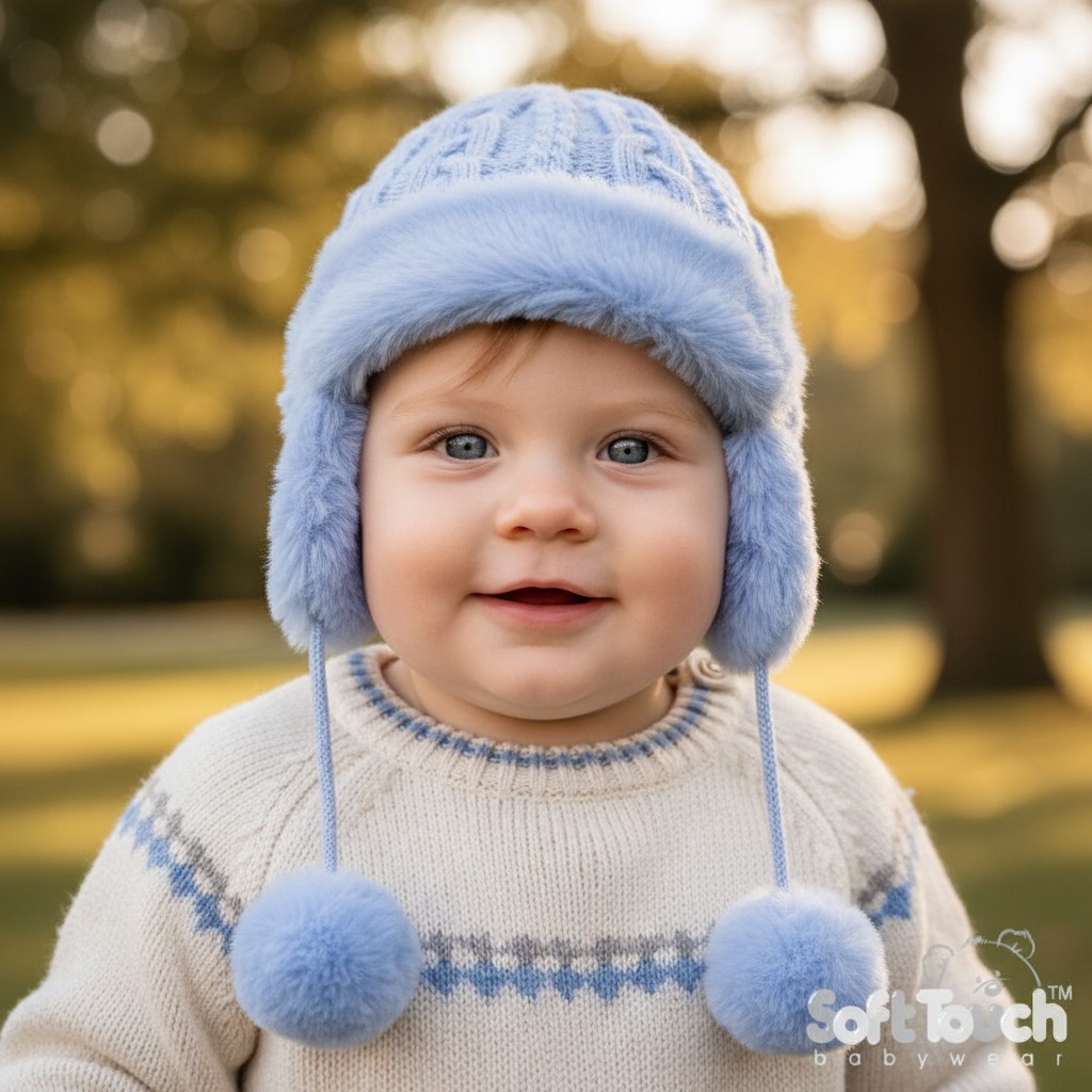 Soft Touch  * STH680-B Cable hat with fur and ear flaps (Nb-6 months)