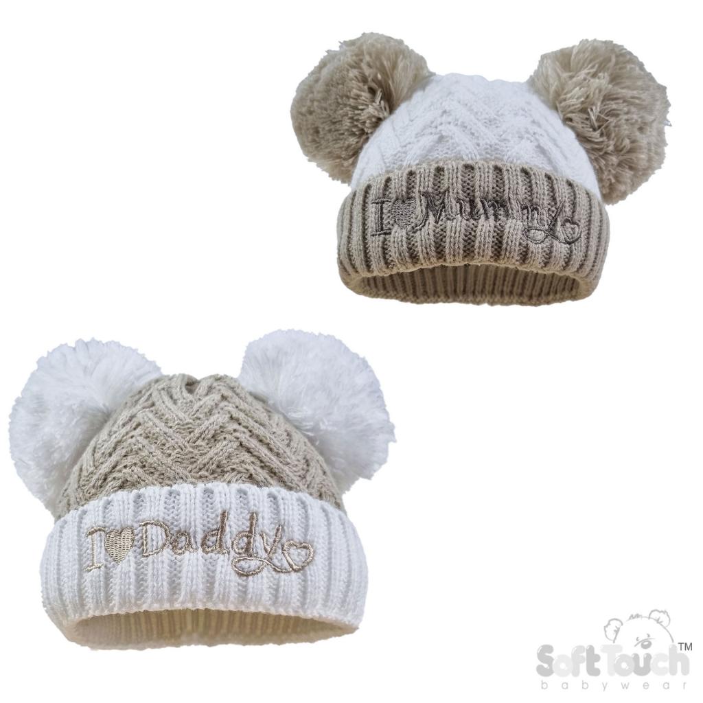 Soft Touch 4H682-P 5023797318894 STH682-Co Coffee  Mummy & Daddy Pom Pom hat (NB-12 months)
