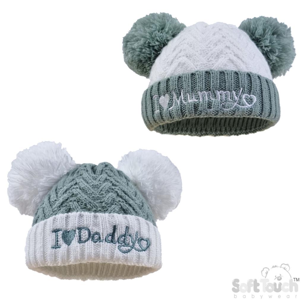 Soft Touch 4H682-SG 5023797318900 STH682-SG Sage Mummy & Daddy Pom Pom hat (NB-12 months)