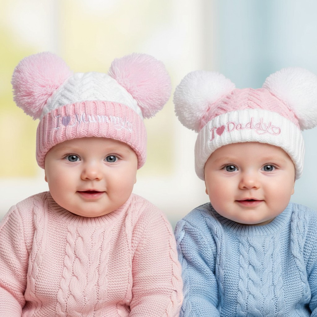 Soft Touch 4H682-P 5023797313615 STH682-P Pink Mummy & Daddy Pom Pom hat (NB-12 months)