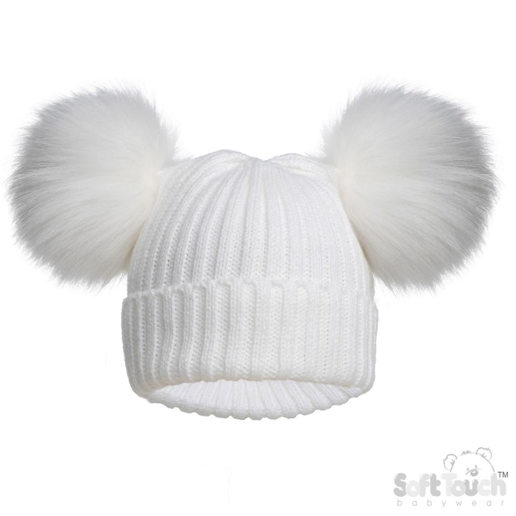 Soft Touch 4H688 5023797313707 STH688-W White Furry Pom Pom hat (NB-12 months)
