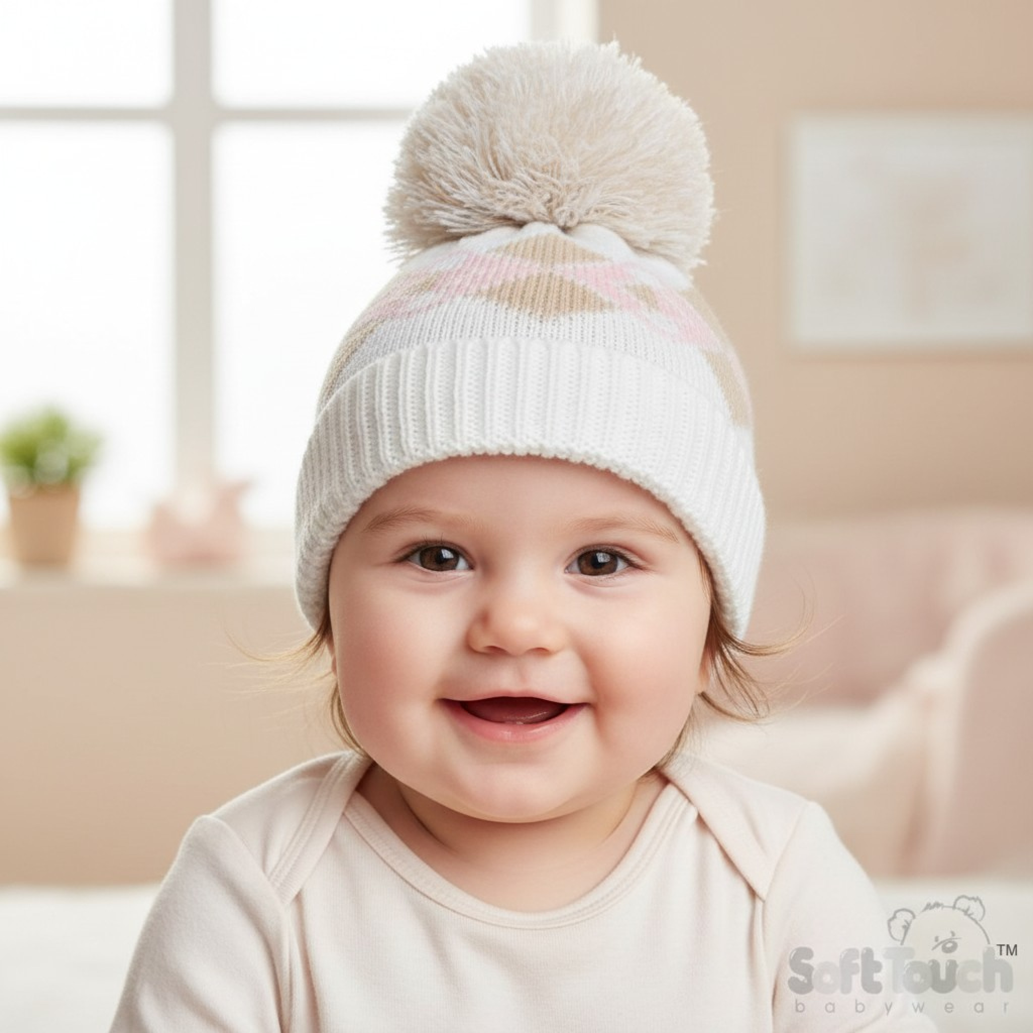 Soft Touch 4H690 5023797313738 STH690P Pink Argyle Pom Pom Hat  (NB-12 months)