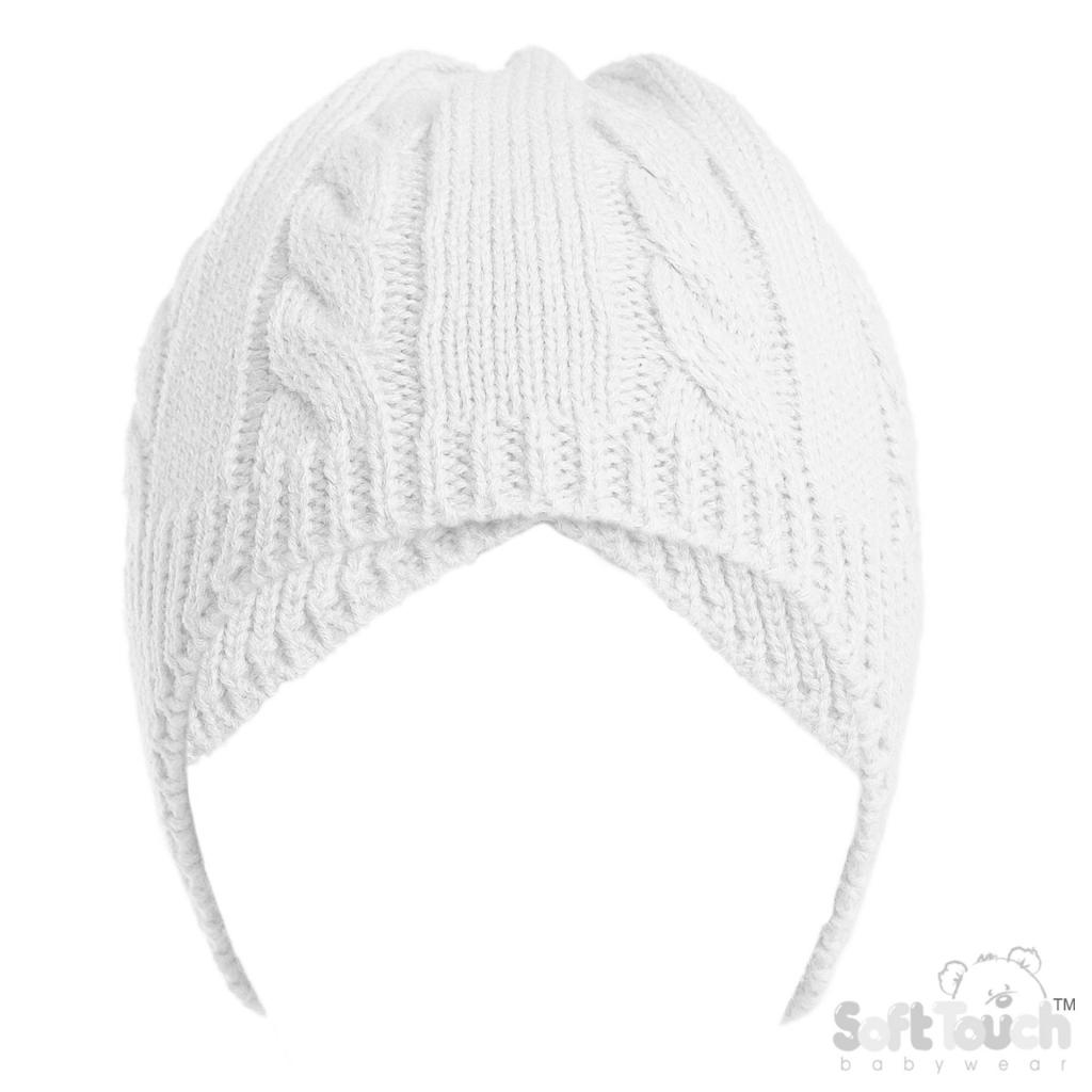 Soft Touch H706-W 5023797313950 STH706-w White Cable knit Hat with ear cover(Newborn -12 months)