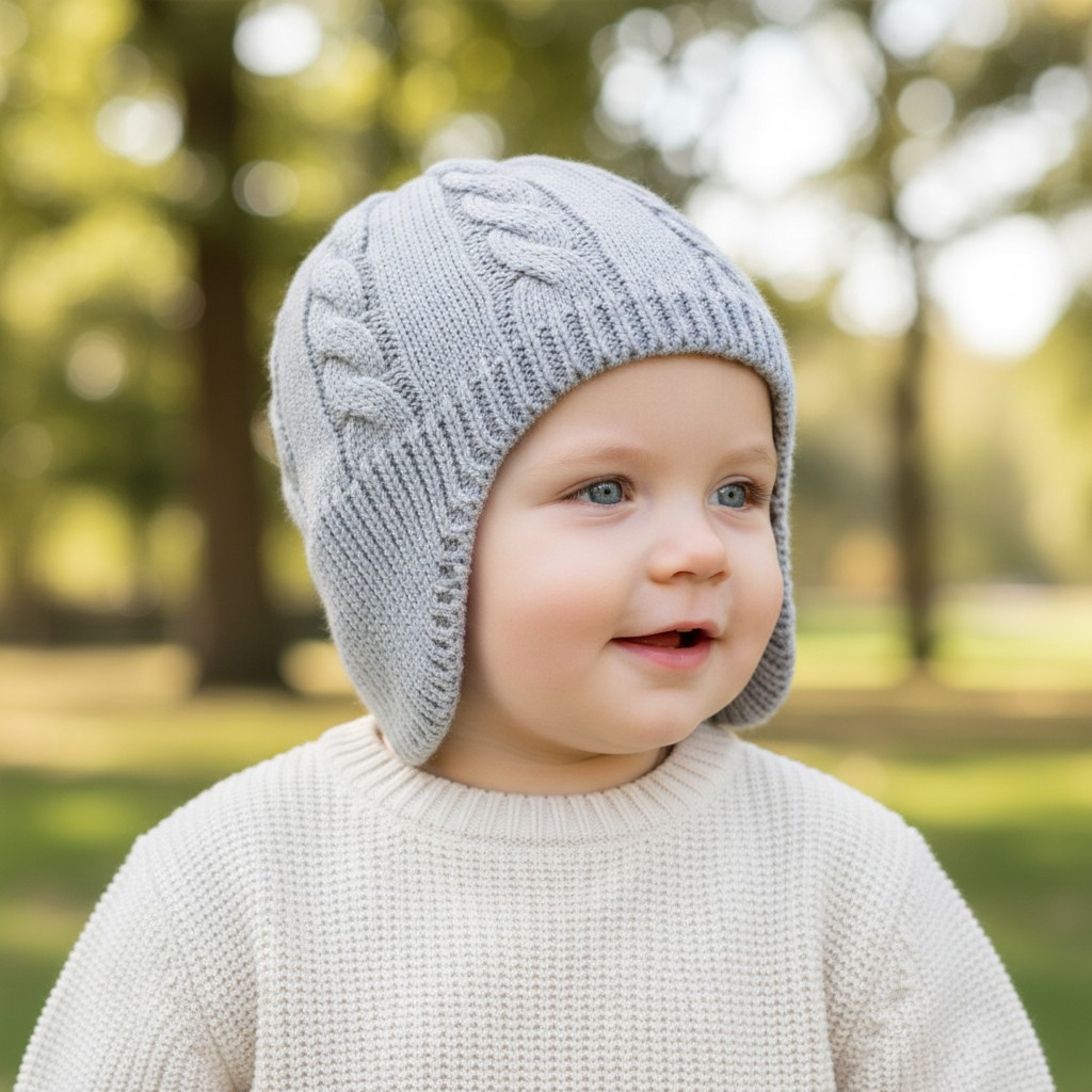 Soft Touch H706-G 5023797313981 STH706-G Grey Cable knit Hat with ear cover(Newborn -12 months)