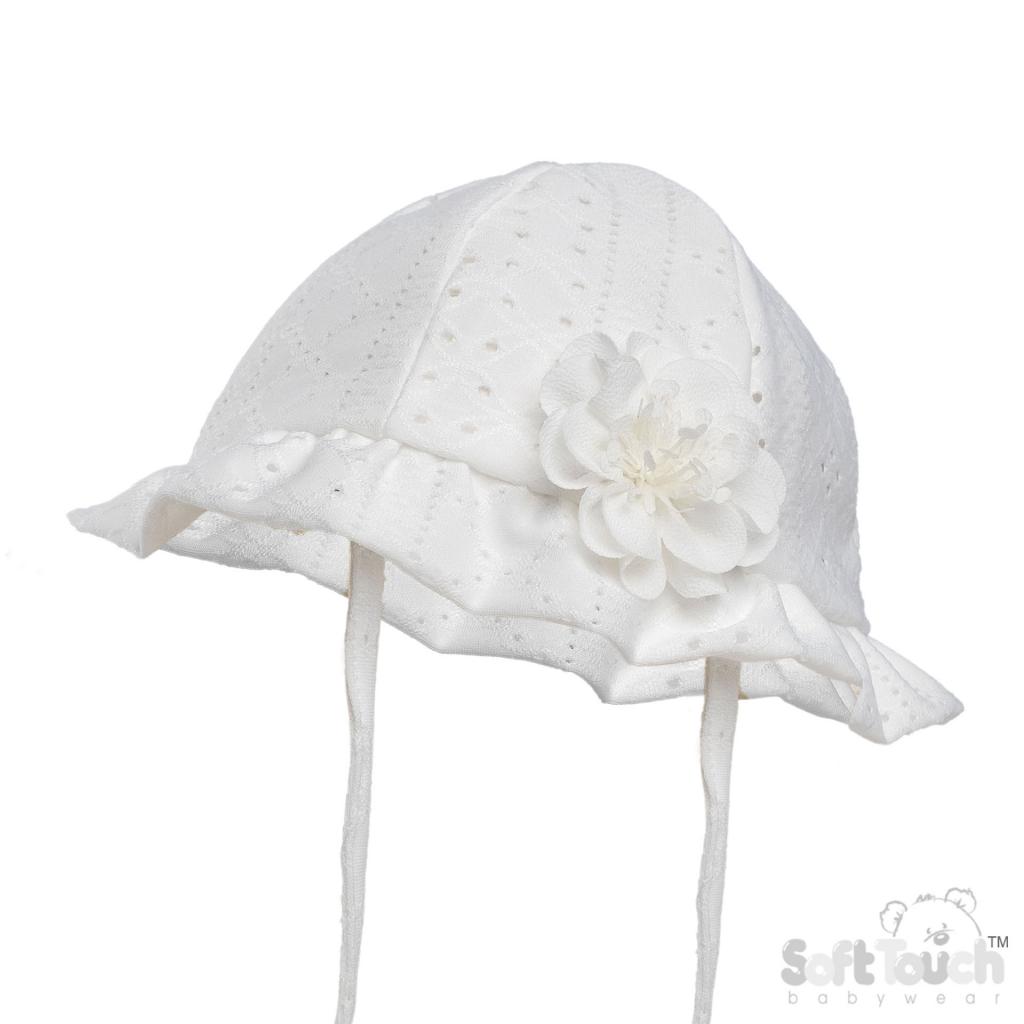 Soft Touch 4H80-W 5023797314704 STH80-W White Broderie Anglaise Flower Hat (0-24 months)