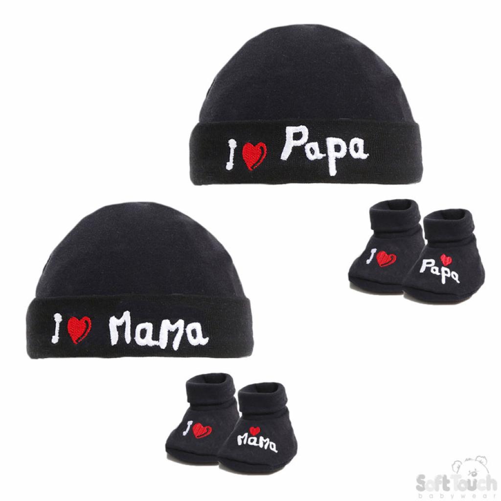 Soft Touch  5023797308352 STHB30-BLK "Mama & Papa" Hat and Bootee set (NB - 3 months)