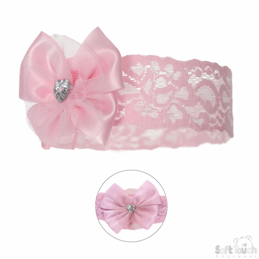 Soft Touch 4HB60-P 5023797 301049 STHB60-P Pink Lace Headband with bow and gem