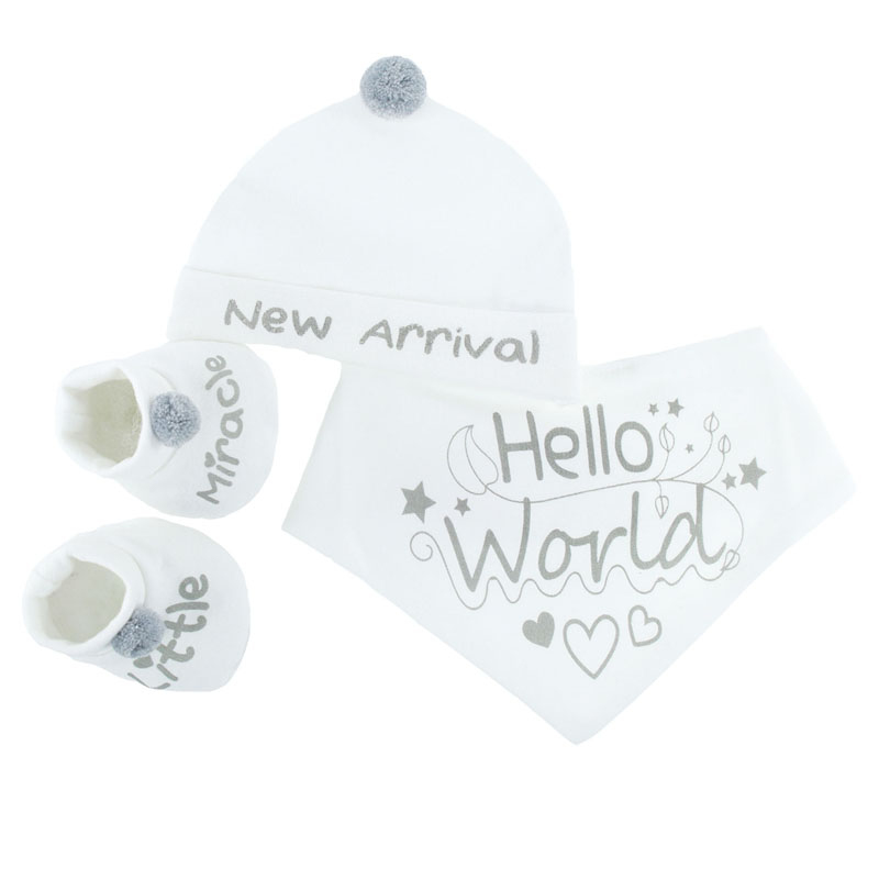 Soft Touch 4HBB254-W 5023797304507 STHBB254-W "New Arrival" Bib, Hat & Bootee Pom Pom Set (NB-3m)